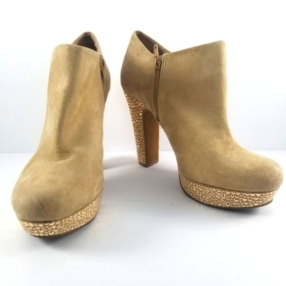 Gianni Bini Shoes - Gianni Bini Tan Suede Embellished Chunk Heels Size 10.  S638